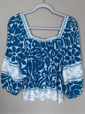 NWT Boho Cottagecore Turquoise & White Crochet Lace Peasant Linen Tunic Top